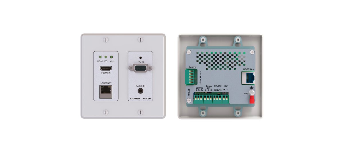 Kramer WP-20 4K60 4:2:0 HDMI & VGA Wall-Plate Auto Switcher/Transmitter over Extended-Reach PoE HDBaseT with Maestro Room Automation