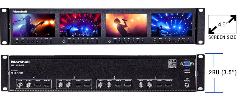 Marshall Electronics ML-454-V3 Quad 4.5 Inch Rackmount Monitor, HDMI and 3G-SDI