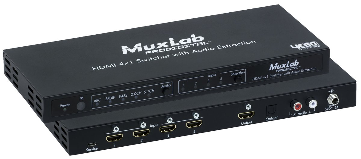 MuxLab 500437 HDMI 4x1 Switcher with Audio Extraction, 4K/60