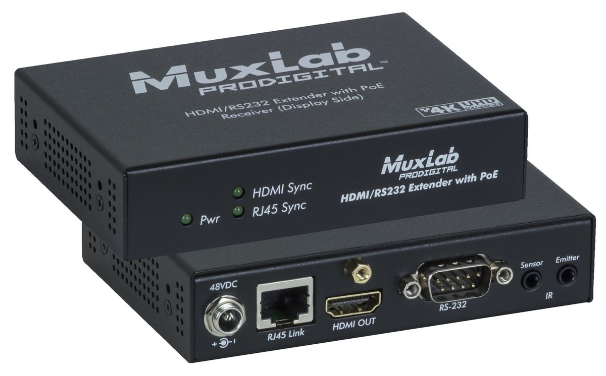 MuxLab 500454 HDMI / RS232 Receiver with PoE, HDBT, UHD-4K