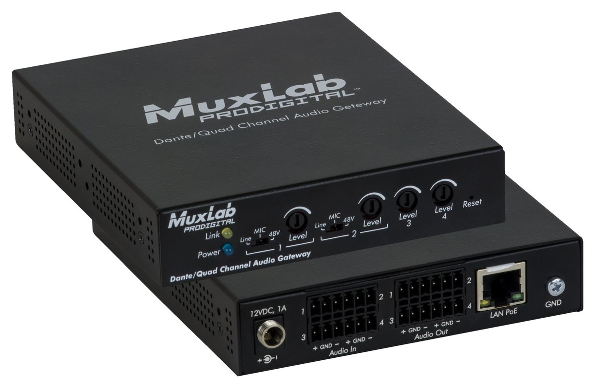 MuxLab 500765 Dante/Quad Channel Audio PoE Gateway