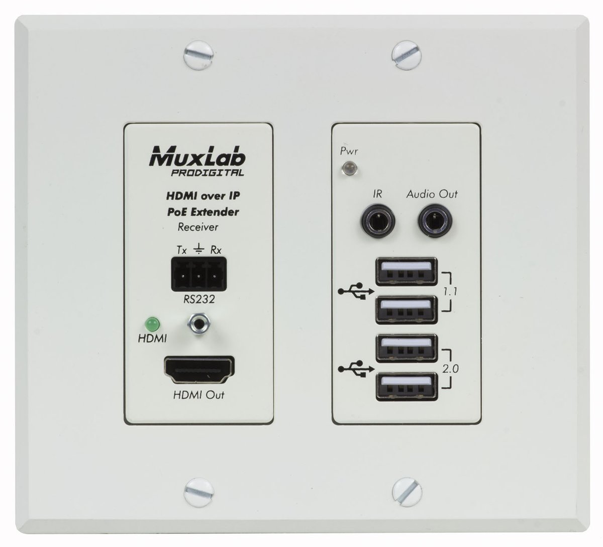 500777 HDMI/USB over IP PoE Wall Plate Receiver, UHD- 4K (White)