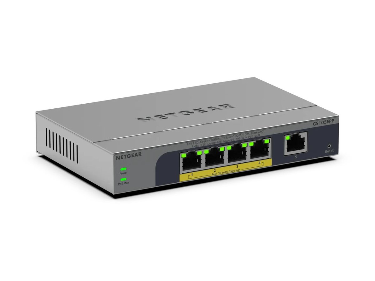NETGEAR 5-Port Gigabit Ethernet Easy-Smart PoE+ Switch (GS105EPP) product image
