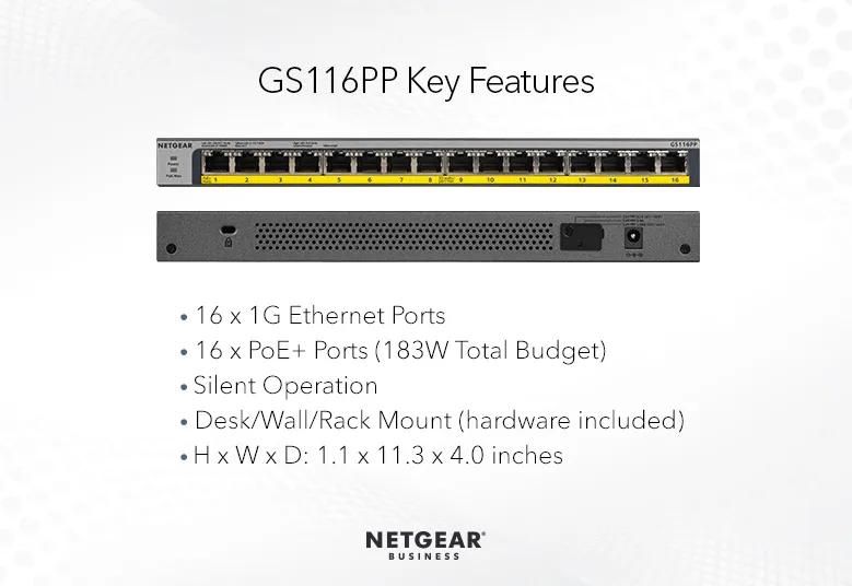 NETGEAR 16-Port Gigabit Ethernet Unmanaged PoE+ Switch (GS116PP) - view 5