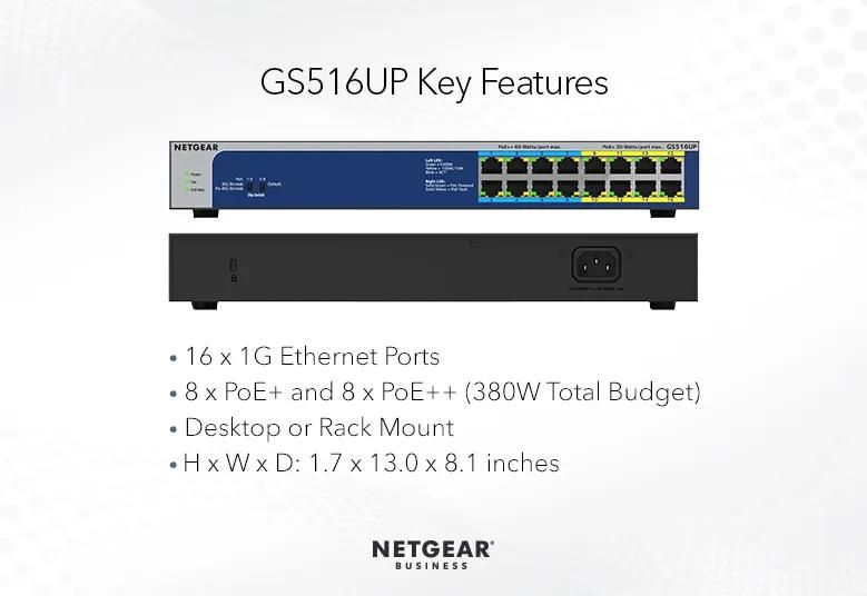 NETGEAR 16-Port Gigabit Ethernet Unmanaged Ultra60 PoE++ Switch (GS516UP) - view 5