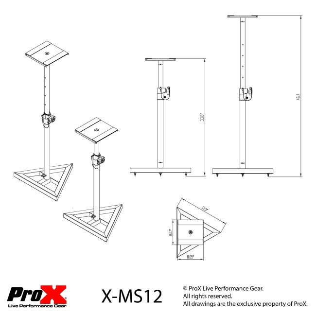 ProX X-MS12 Pair of Studio Monitor Stands Speaker Platform Telescoping Height Adjustment W-Rubberized Platform and Wide Base - view 2