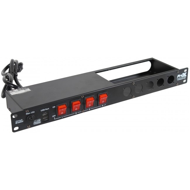 ProX X-PC4XLR-USB 4 Way Powerkon to Edison AC Power 1U Rack Mountable Power Strip 5x Punched D-Series 15A Breaker On Off LED Toggle Switches - view 2