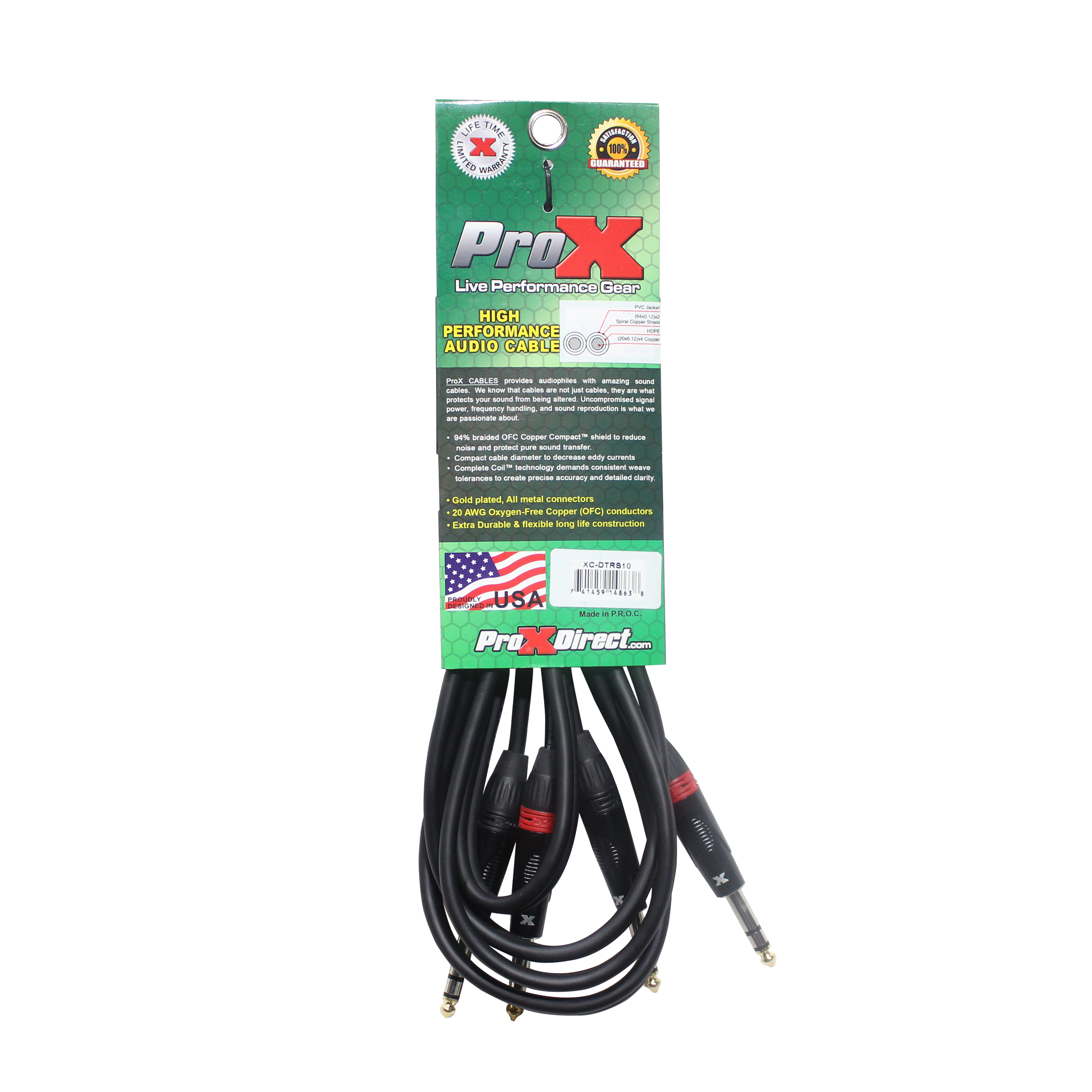 ProX XC-DTRS10 10 Ft. Balanced Dual 1/4" TRS M to Dual 1/4" TRS M High Performance Audio Cable - view 3