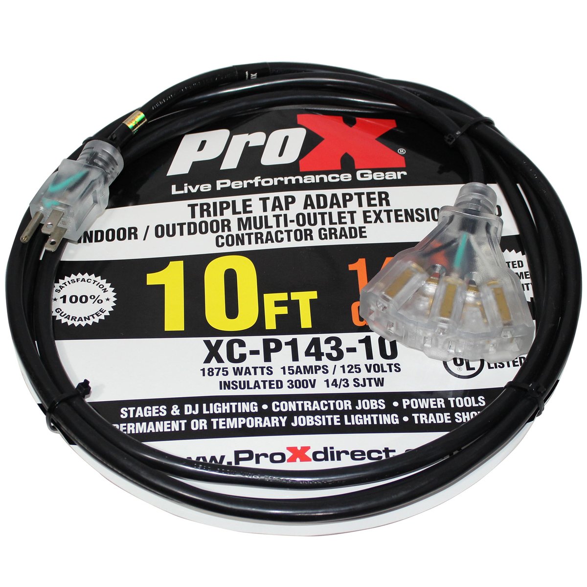 ProX XC-P143-10 10' Ft. 120VAC NEMA 15 Male to 3 Outlet Female Power-Extension Cord 14 AWG - view 2
