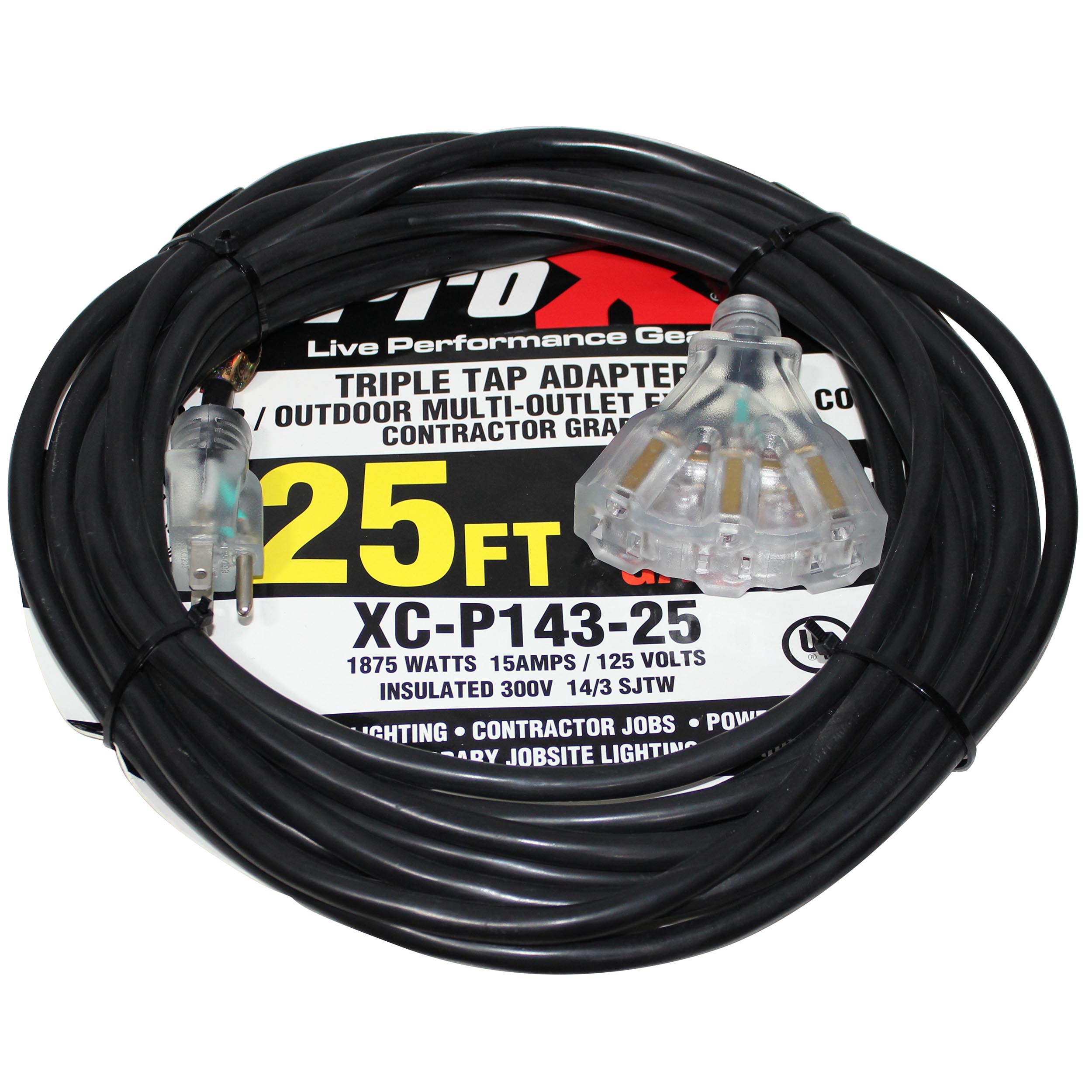 ProX XC-P143-25 25 Ft. 120VAC NEMA 15 Male to 3 Outlet Female Power Extension Cord 14 AWG - view 2