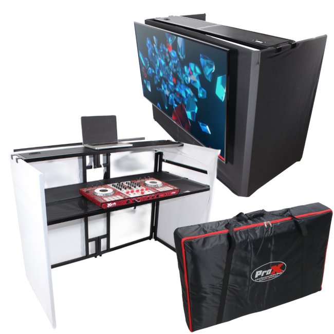 PRO X XF-MESA MEDIA MK2 MESA MEDIA MK2 DJ Facade Table Workstation Includes TV Bracket Mount White & Black Scrims and Carry Bag