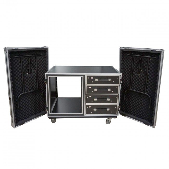 PRO X XS-12U4DTW 12U Shockproof Workstation Case W-Dual Side Table and Drawers | 24 In Rail to Rail