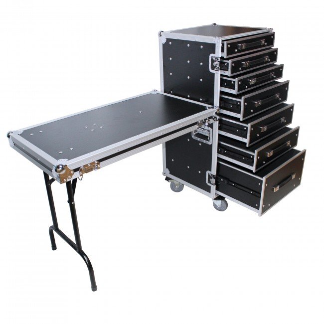 PRO X XS-7DTW 7 Utility Drawer ATA Flight Style Case with Fold out Left Right Side Mounting Removable Table and 4 inch Casters