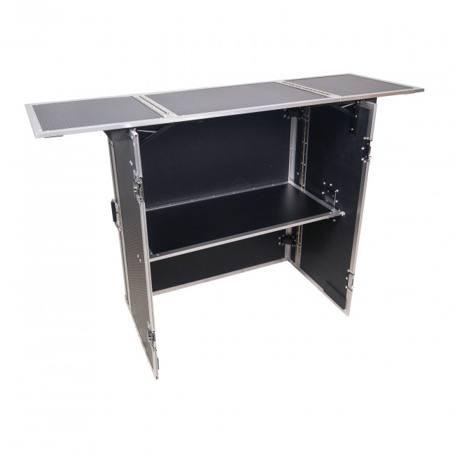 PRO X XS-DJSTN - Black Finish Transformer Flight Case Style Folding DJ Table and Workstation with Smooth Rolling Wheels