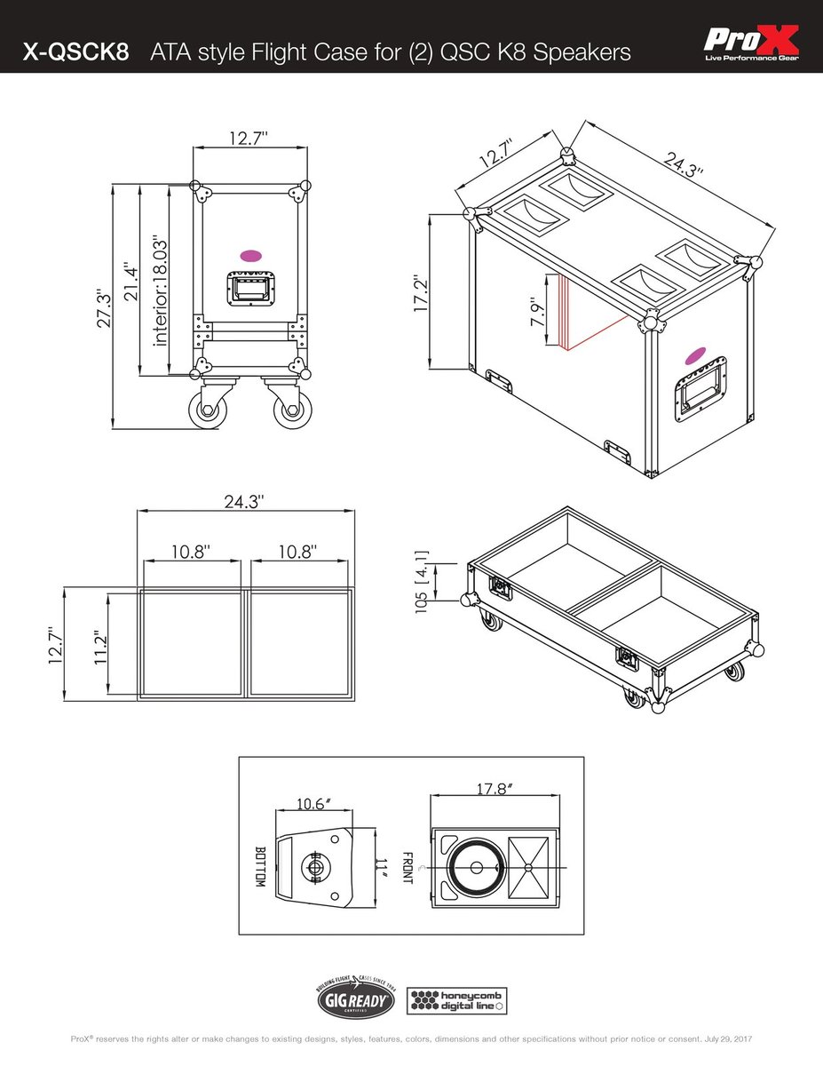 PRO X X-QSC K8 ATA Dual Speaker Flight Case For 2x QSC K8.2 K8 Series Subwoofer Speakers with 4 in. Casters
