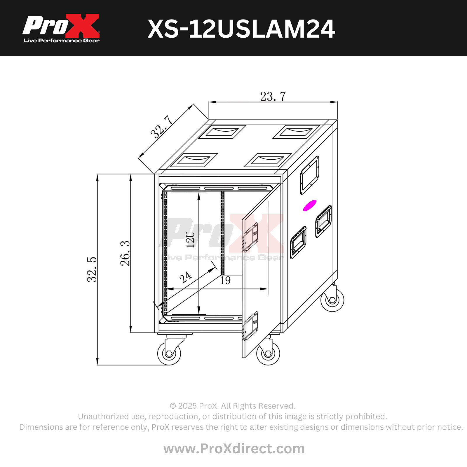 PRO X XS-12USLAM24 12U 24" Deep Vertical Rack to Rack Shock Mount Case with 2 Sliding Slam Doors & 4" Caster Wheels