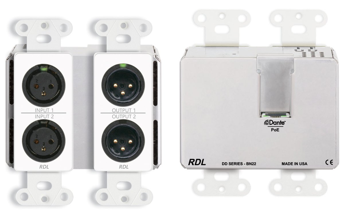 RDL DD-BN22 Wall-Mounted Bi-Directional 2x2 Mic/Line Dante Interface product image