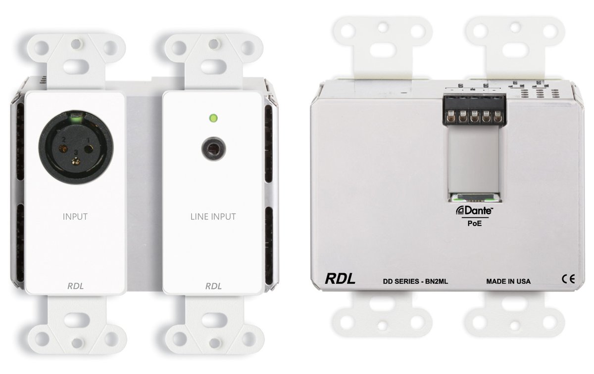 RDL DD-BN2ML Wall-Mounted Bi-Directional 2x2 Mic/Line Dante Interface product image
