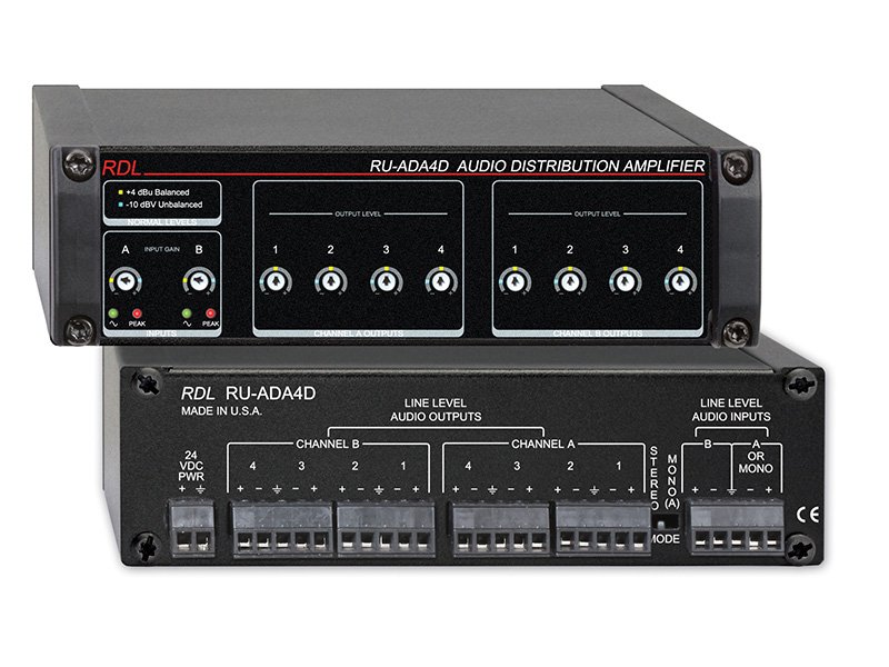 RDL RU-ADA4D Four-Channel Stereo Audio Distribution Amplifier, 2x4 or 1x8 product image