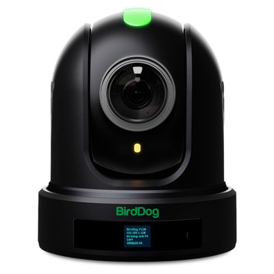 BirdDog P110 Black A 10x Full NDI PTZ camera with an OLED status display