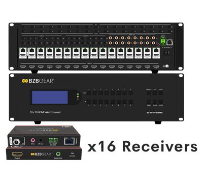 BZBGear BG-4K-VP1616PRO 16x16 Seamless Matrix, Video Wall and Multiviewer Kit with 16 Receivers