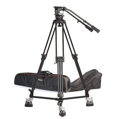 Ikan 2-Stage Aluminum 100mm Fluid Head Tripod and Dolly Kit, 61.7 lbs Payload, with Counterbalance and Drag (E-Image)