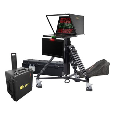 Ikan 19in 4:3 PTZ Teleprompter w/ 16:9 Talent Monitor, Motorized Pedestal & Dolly Turnkey, Travel Kit