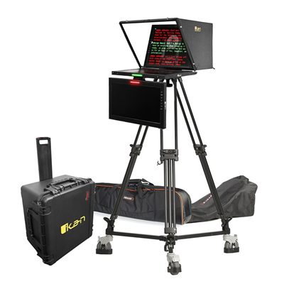 Ikan 19in 4:3 PTZ Teleprompter w/ 16:9 Talent Monitor, Tripod & Dolly Turnkey, Travel Kit