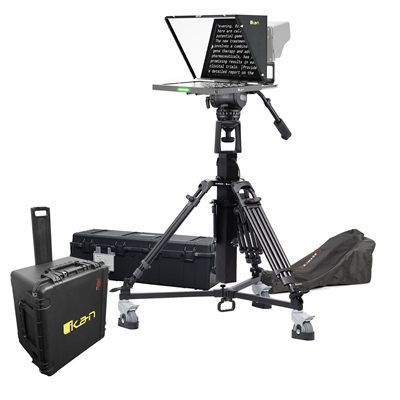 Ikan 19in 4:3 Teleprompter, Motorized Pedestal & Dolly Turnkey, Travel Kit