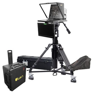 Ikan 19in 4:3 Teleprompter w/ 16:9 Talent Monitor, Motorized Pedestal & Dolly Turnkey, Travel Kit