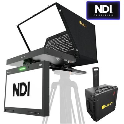 Ikan Aura 19" PTZ POE++ NDI Teleprompter and NDI Talent Monitor with Full NDI Encoding/Decoding and IP Tally Light + Travel Kit