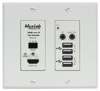MuxLab 500777 HDMI/USB over IP PoE Wall Plate Receiver, UHD- 4K (White)