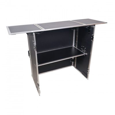 PRO X XS-DJSTN - Black Finish Transformer Flight Case Style Folding DJ Table and Workstation with Smooth Rolling Wheels