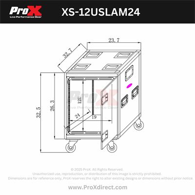 PRO X XS-12USLAM24 12U 24" Deep Vertical Rack to Rack Shock Mount Case with 2 Sliding Slam Doors & 4" Caster Wheels