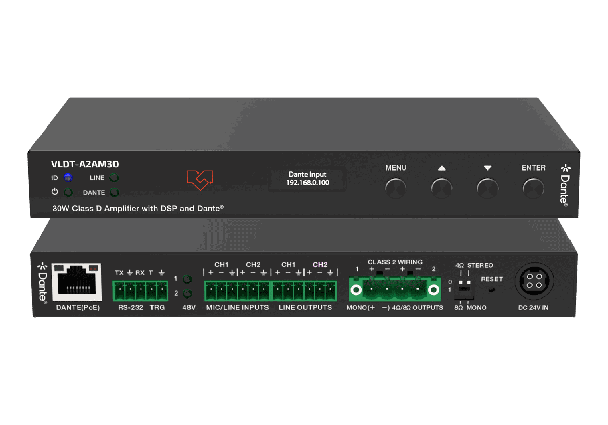 VigilLink VLDT-A2AM30 30W Class D Dante Amplifier with Mic and Line Inputs