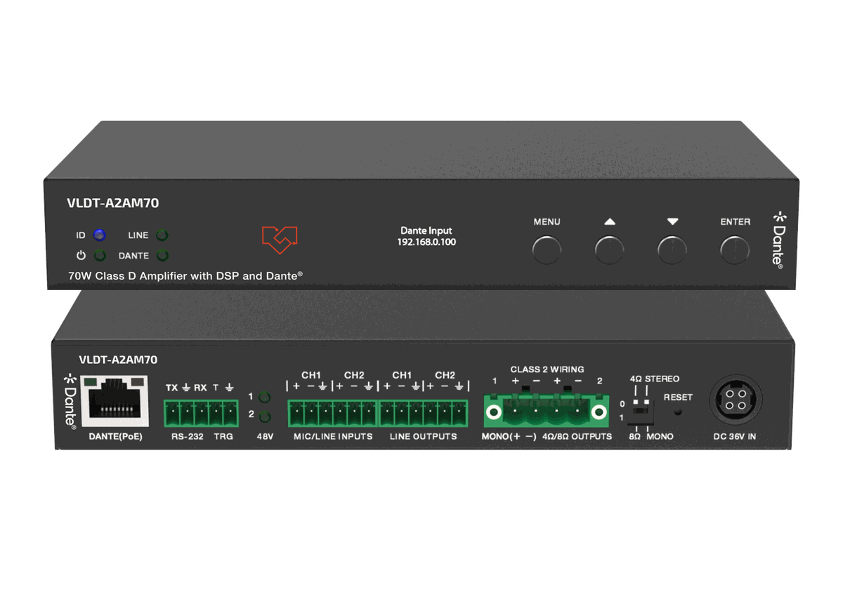 VigilLink VLDT-A2AM70 70W Class D Dante Amplifier with Mic and Line Inputs