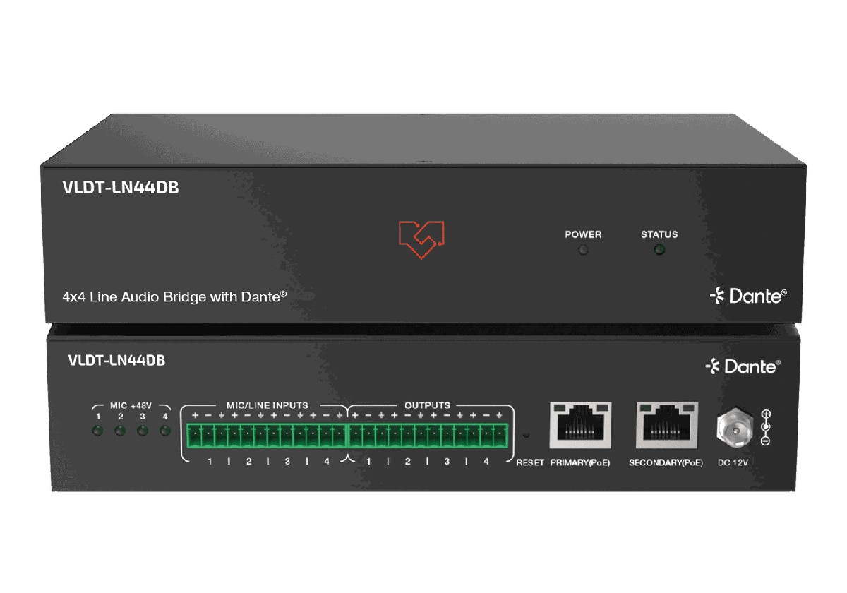 VigilLink VLDT-LN44DB 4x4 Line and Mic Dante Audio Bridge with Dual PoE
